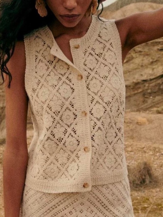 Sezane Tops - Sezane Ron Tank BlouseCrochet Knit Button Front Vest in Ecru